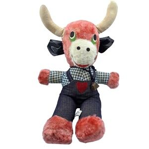 1970s VTG Dan Brechner Pink Bull Cow Plush Toy Denim Overalls Carnival Prize